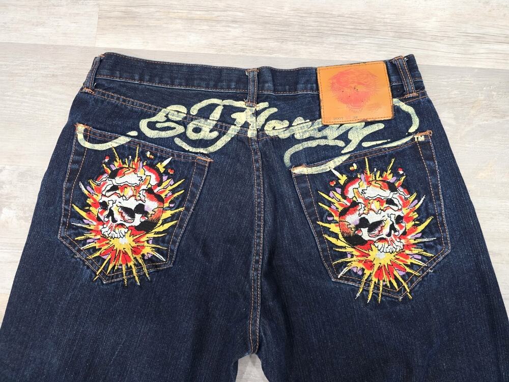 Vintage Ed Hardy Exploding Skull Embroidered Baggy Jeans Dark Wash Distress Y2K